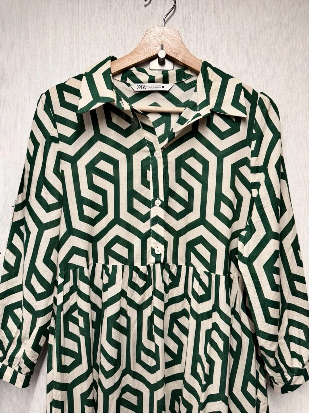 Zara The Karen Green Ivory Geometric Print Tiered Midi Dress, Size Large